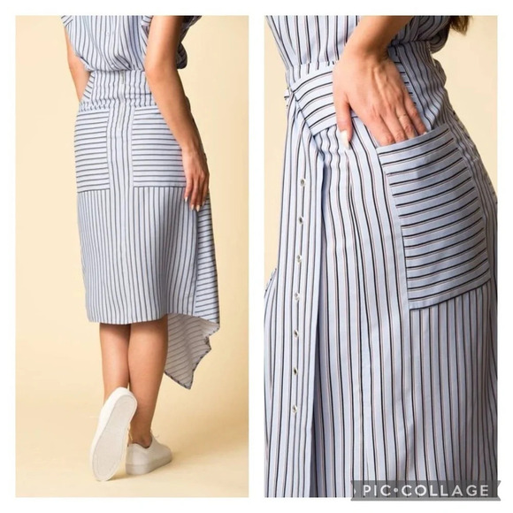 Tibi Blue Striped Asymmetric Shirting Midi Skirt 4 Stripe Blue - Picture 4 of 12